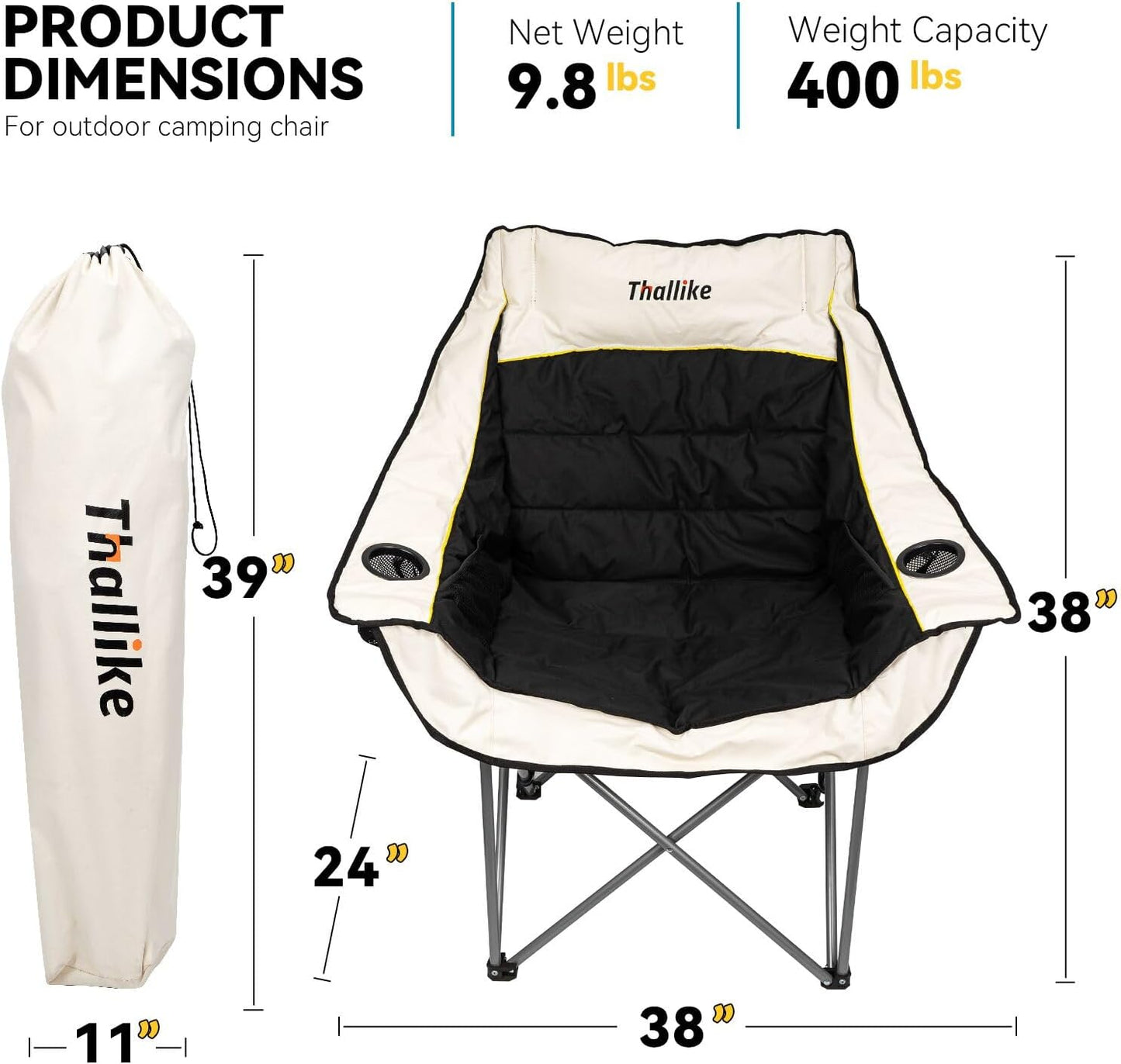 Skiennix Oversized Camping Chair - Heavy Duty Folding Design with Cup Holders & Storage Pocket | Supports 400lbs