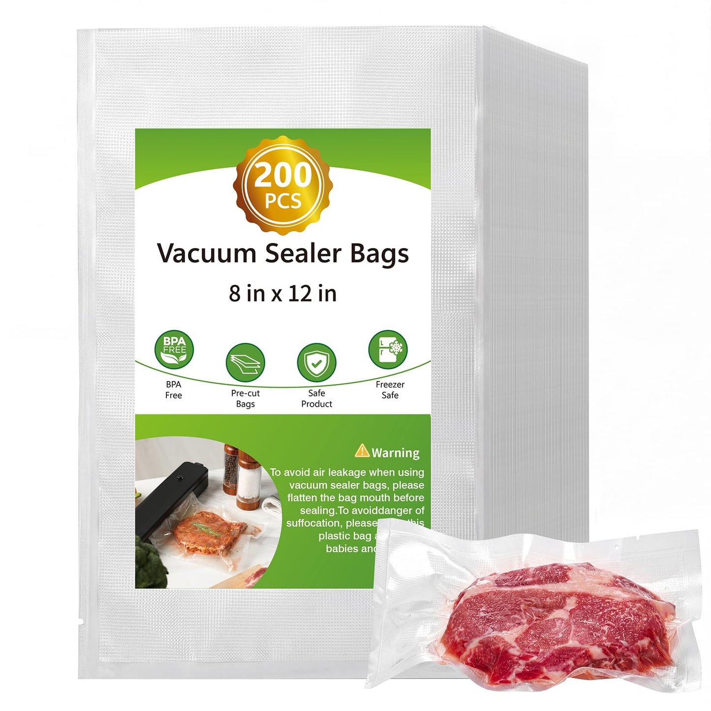 Vacuum Sealer Bags for Food, 200pcs Food Saver Seal Bags Quart 8" x 12", BPA Free Precut Commercial Grade, Puncture Resistant for Meal Prep, Sous Vide, Freezer