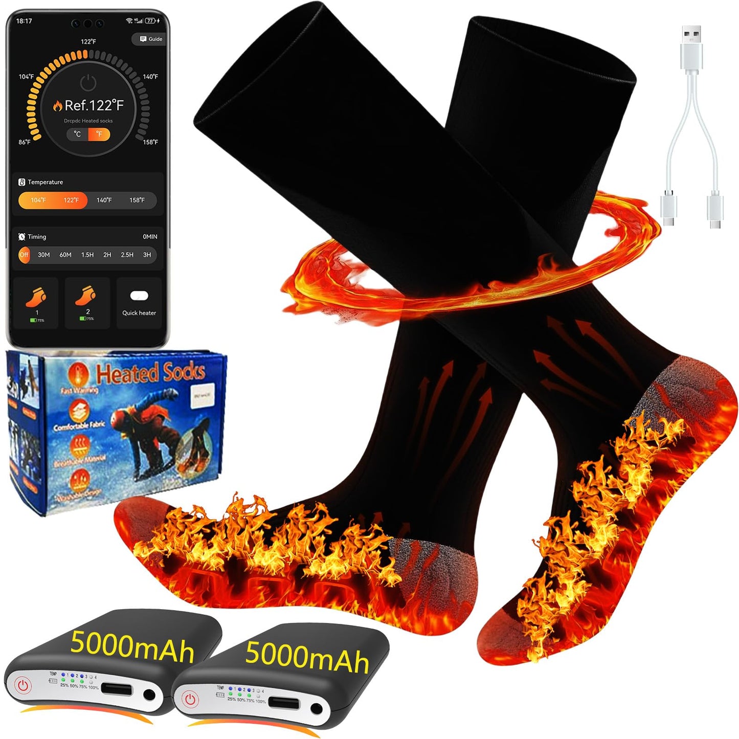 Heated Socks with App Control 5000mAh*2 Rechargeable Electric Heated Socks for Men Women Up to 9 Hours Washable Warm Socks for Outdoor Work Skiing Hunting Riding Hiking Cycling Camping Gifts