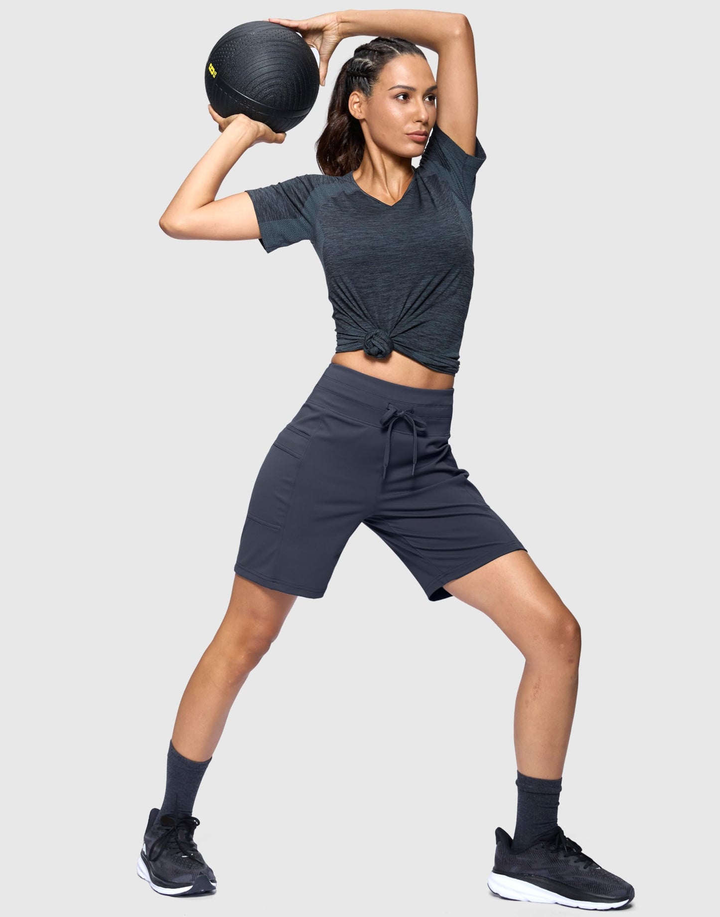 G Gradual Women's 7" Athletic Hiking Long Shorts with Side Pockets High Waisted Stretchy Bermuda Shorts for Women Workout Casual (Dusty Blue, XL)