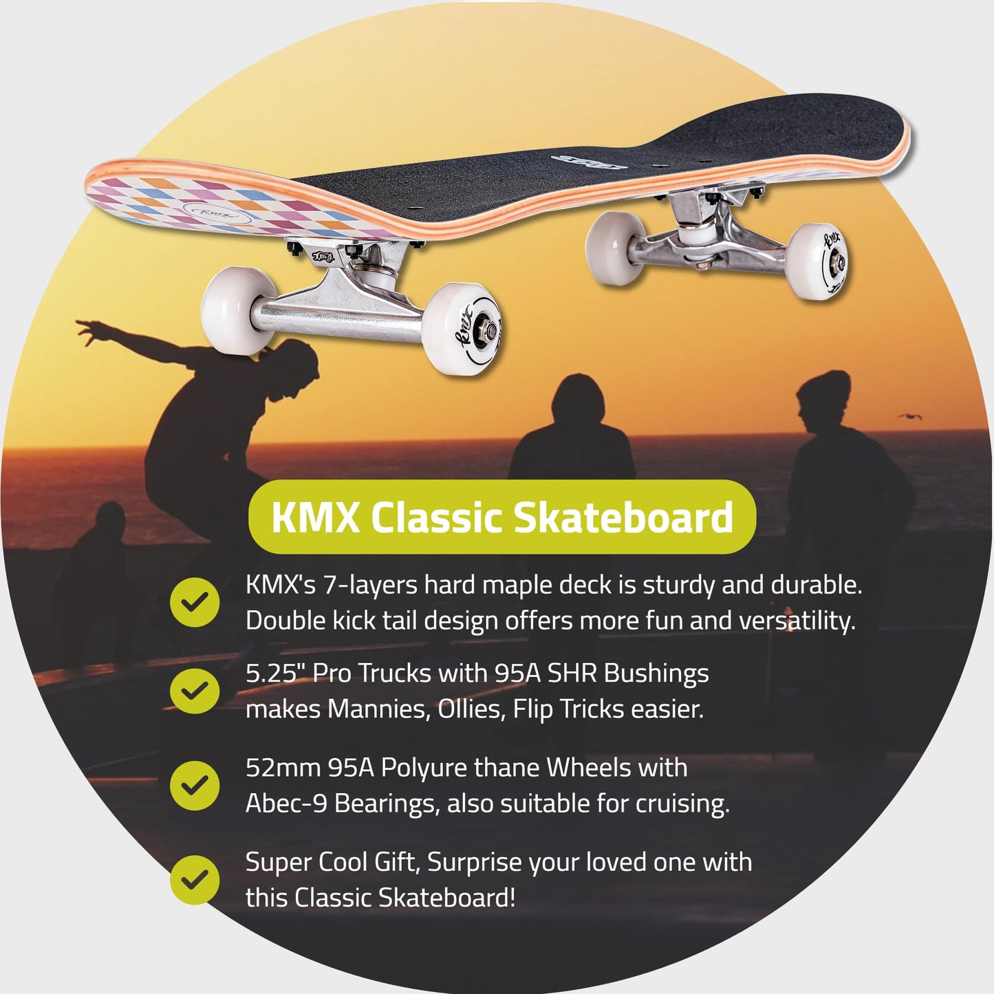 KMX Complete 31" x 8" Skateboard for Beginners, 7-Layer Canadian Maple Double Kick Concave Deck| Aluminum Alloy Trucks | 31 Inch Pro Skate Board for Girls, Kids, Teens, Adults(Pink Checker)