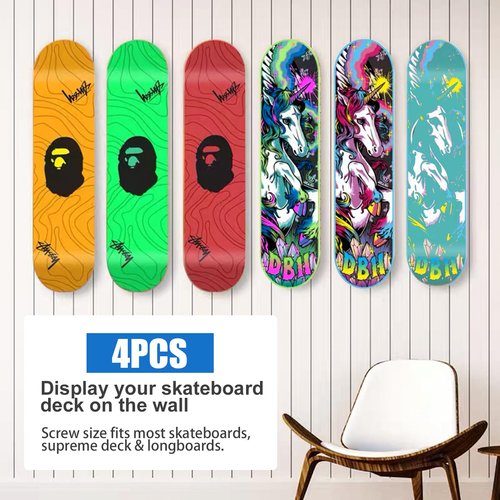 CADUFUELLY 4 Pcs Skateboard Wall Mount Metal Skateboard Hanger with 2 Screw Holes for Display Skateboard Deck Storage