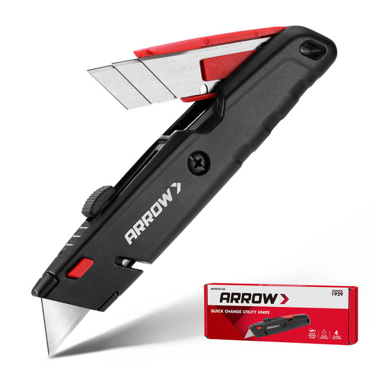ARROW Retractable Box Cutter, Quick Change Utility Knife with Blade Storage Design, Heavy Duty Aluminum Razor Knife, Twine Cutter, 3 Extra SK2 Blades Included