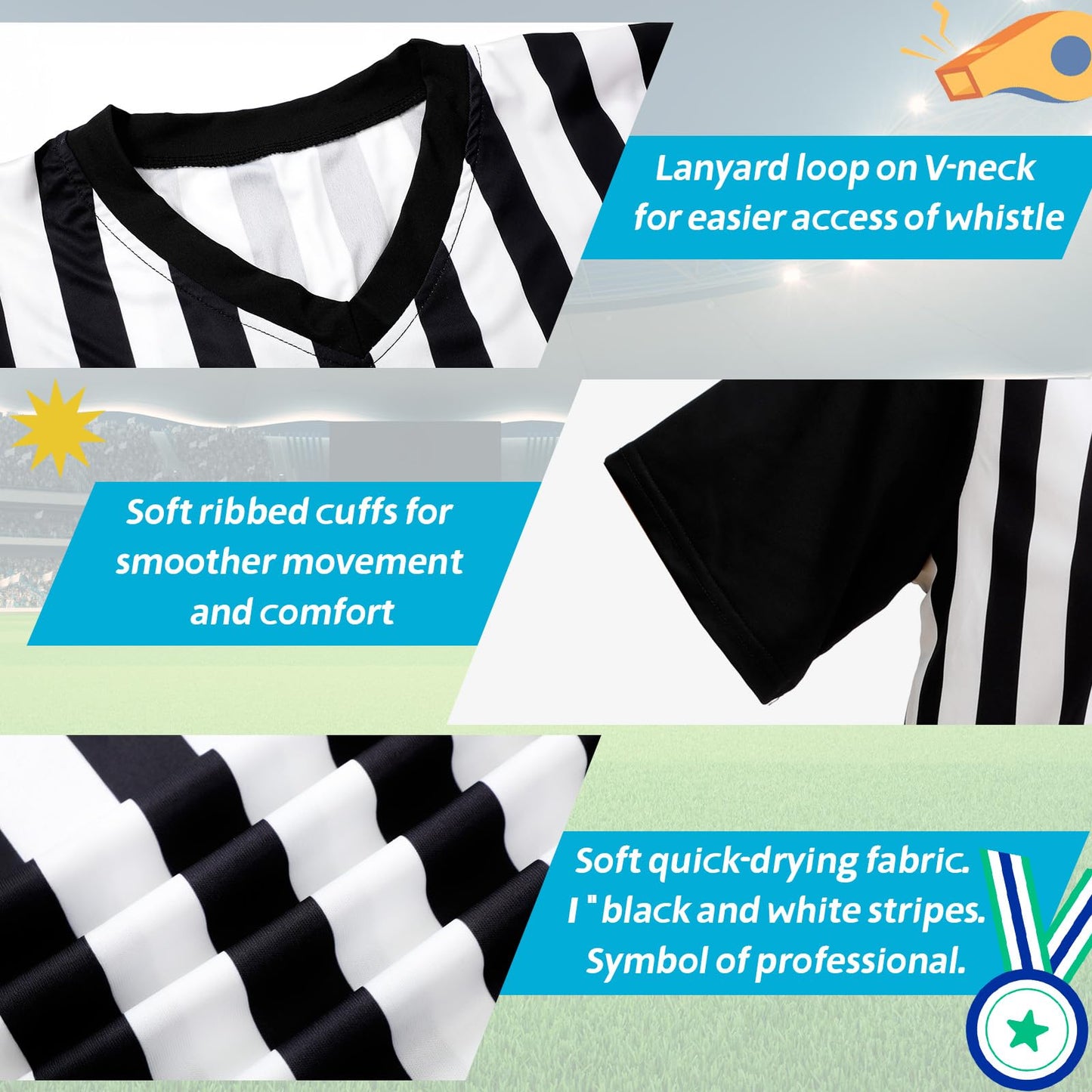Skicuff Men's Referee Shirt V Neck Umpire Jersey Black Short Sleeve Ref Shirt Costume for Men Football Soccer(M)