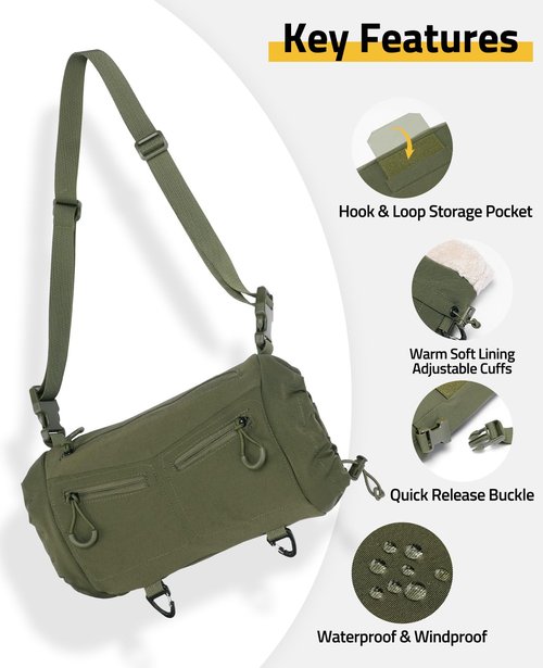 CVLIFE Hand Warmer Pouch with Hook & Loop, Portable Drop Hanger Waist Hand Muff for Skiing, Ice Fishing, Football, Camping, Adjustable Strap and Cuffs, 3 Pockets, Quick Release Buckles, Green