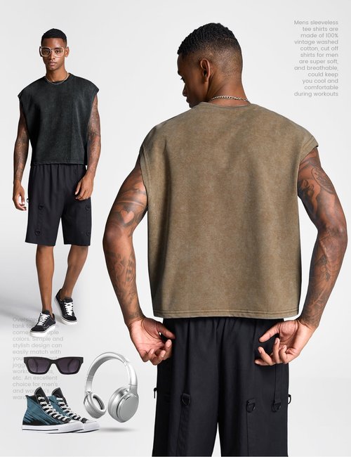 Wyeysyt Men's Crop T Shirts Dolman Sleeve Tops Vintage Crewneck Loose Pullover Tank Tops(BlackBrown-L)