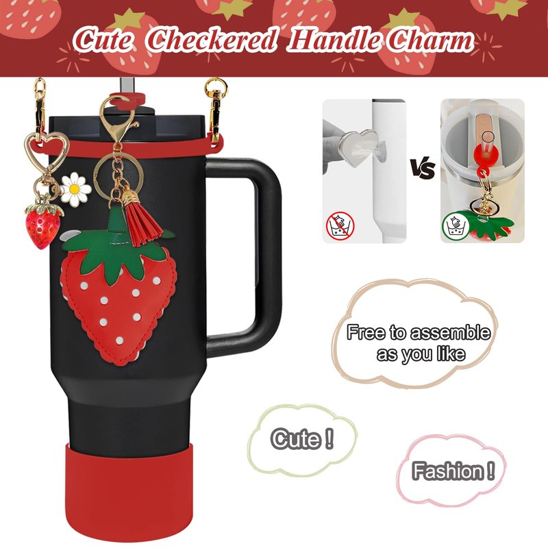 VirgoCCY 7PCS Strawberry Stanley Cup Accessories, Water Bottle Handle Strap for Stanley 30/40 oz, Including Straw Toppers, Silicone Cup Boot, Keychain Charms, Cup Decoration for Women Girls, Red