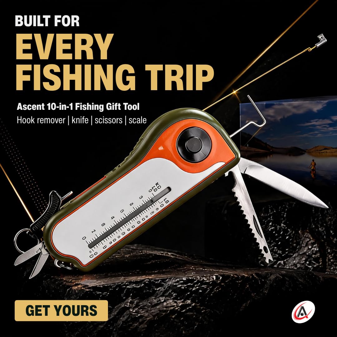 Fisherman Gift Tool Fishing Multitool - Hook Remover, Scale Scraper, Tape Measure, Bait Cutter, Flashlight, Knife, Scissors, Weight Scale, Bottle Opener, Gift Idea for Men Women Kids