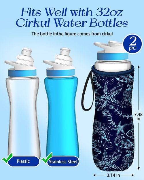 Toykee Water Bottle Sleeve for Cirkul 32 oz - 2 Pack Bottle Cover Holder Carrier with Handle Strap Navy Blue Shark Ocean Marine Print for Kids
