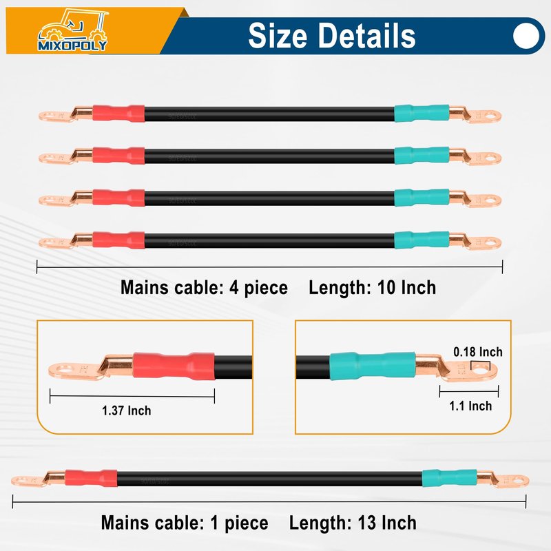 Mixopoly 4 Gauge Golf Cart Universal Battery Cable Kit Replacement for EZGO,Yamaha, Club Car All Models 36V & 48V 1994-UP, Pure Copper AC/DC Battery Wiring Kit (5-Piece Set)