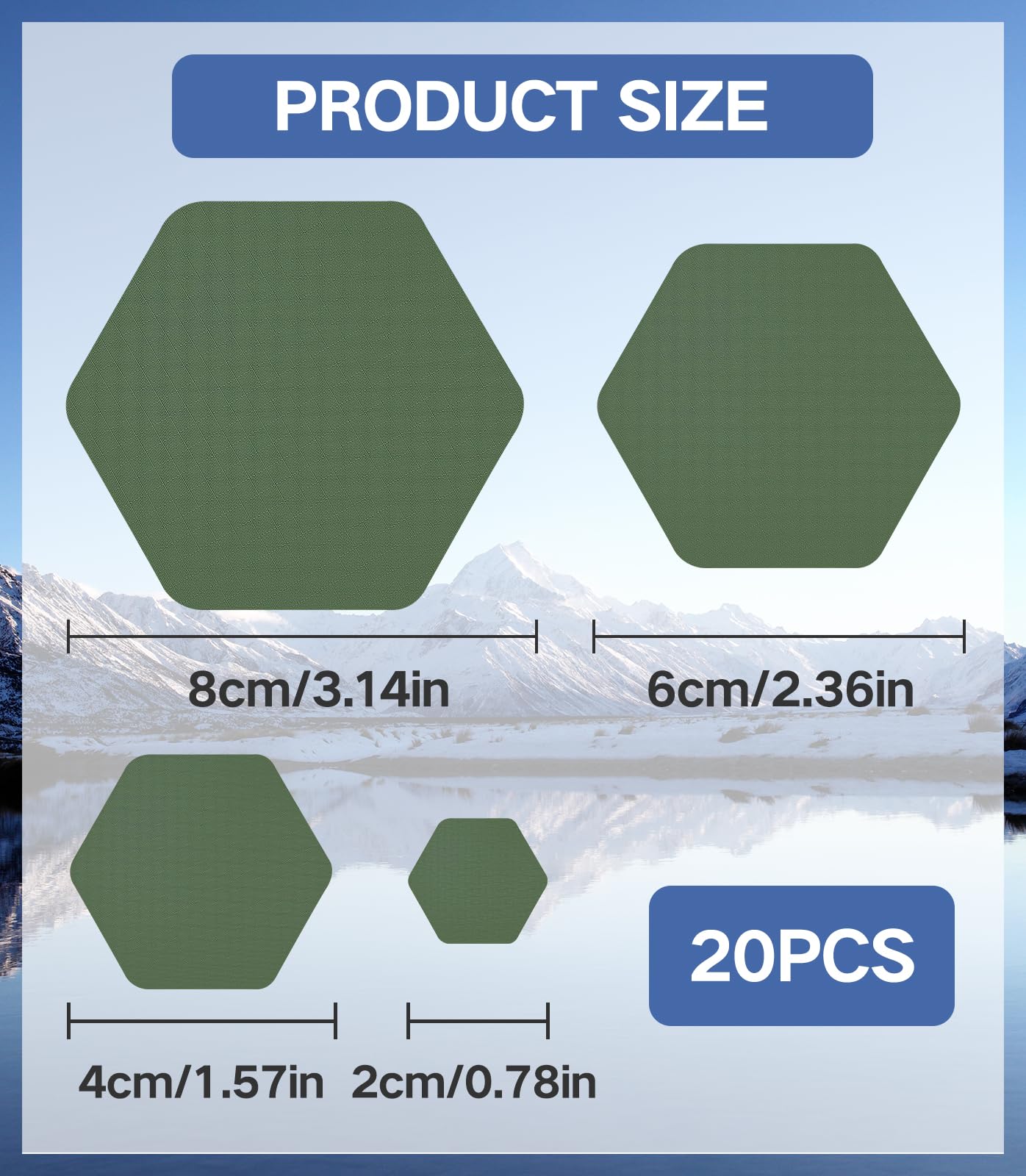 20Pcs Down Jacket Repair Patches Military Green Waterproof Self Adhesive Pre-Cut Nylon Repair Patches Kit for Jackets Coats Clothing Tents Sleeping Bags, Hexagon