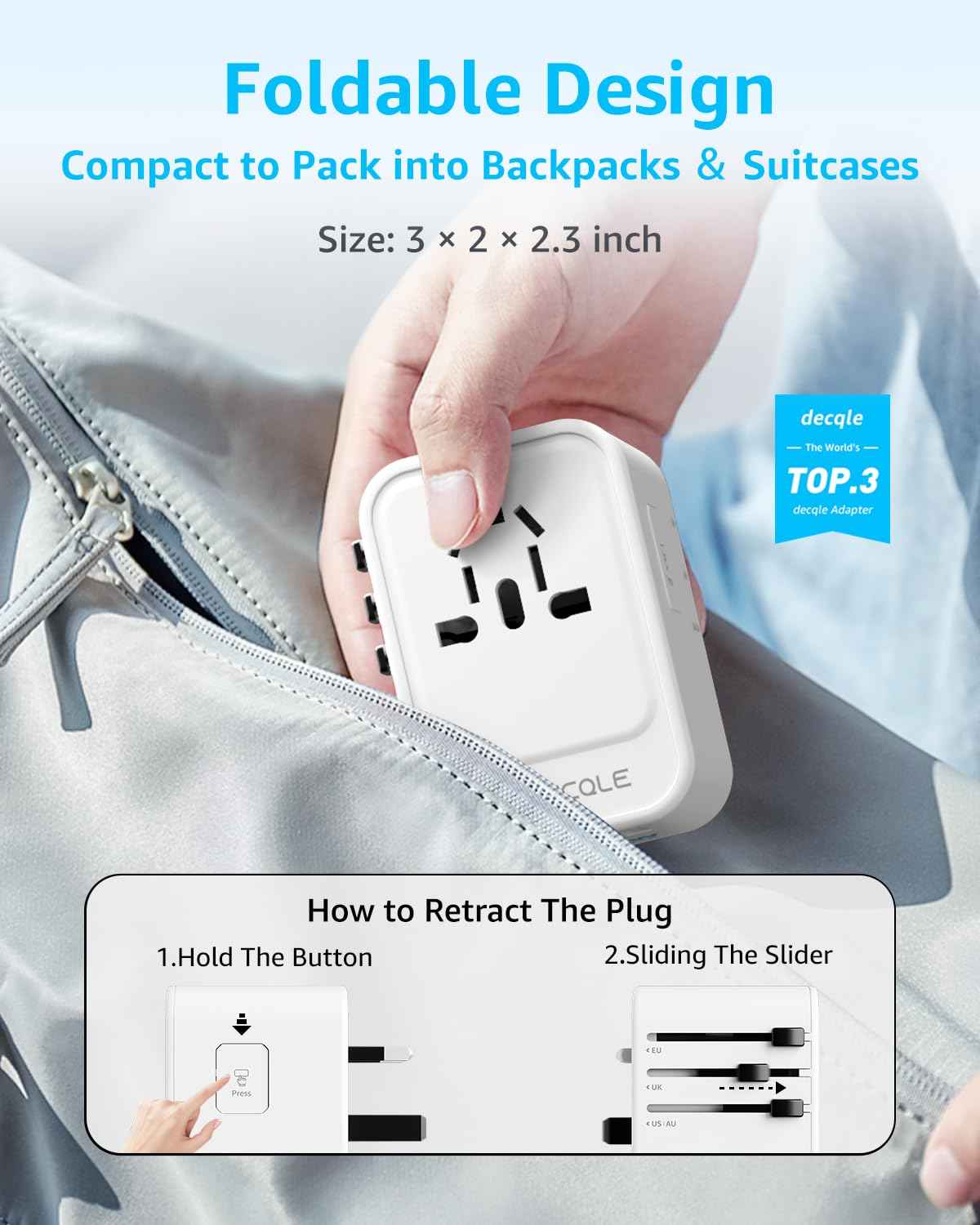 decqle Universal Travel Adapter, International Travel Plug Adapter with 2 USB-C(GaN 45W) ＆ 1 USB-A Ports, All in One Portable Adaptor, for USA, UK, EU, AU ＆ 224+ Countries (White) US