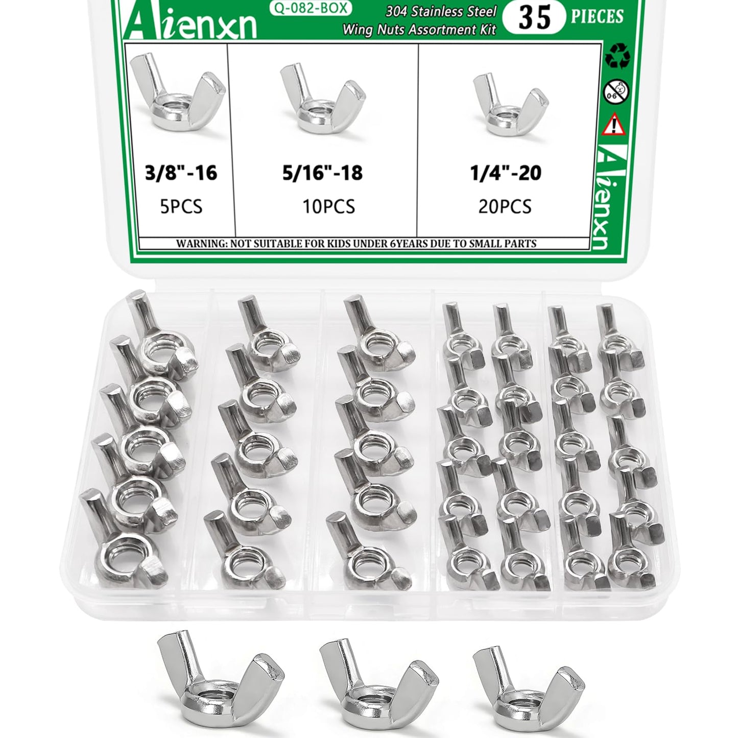Aienxn 35PCS SAE Sizes Wing Nuts Assortment Kit, 304 Stainless Steel 1/4"-20, 5/16"-18, 3/8"-16, Parts Butterfly Wing Nut, Wingnuts Fasteners