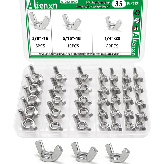 Aienxn 35PCS SAE Sizes Wing Nuts Assortment Kit, 304 Stainless Steel 1/4"-20, 5/16"-18, 3/8"-16, Parts Butterfly Wing Nut, Wingnuts Fasteners