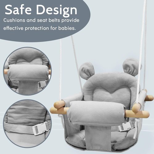GFU Baby Swing - Secure Canvas Infant Swing for Indoor & Outdoor Use | Comfortable Wooden Hanging Seat