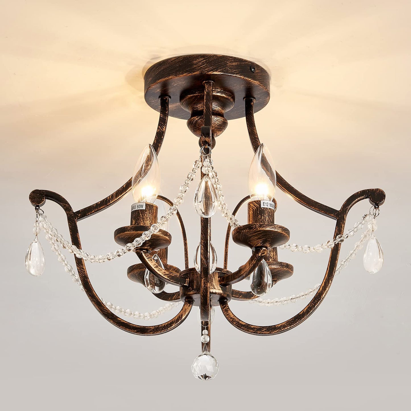 UOFUS Vintage Semi Flush Mount Crystal Chandelier Oil Rubbed Bronze 4-Light Small Metal Ceiling Light Fixture Farmhouse Ceiling Lamp for Foyer Kitchen Entryway Hallway Bathroom Bedroom Dining Room