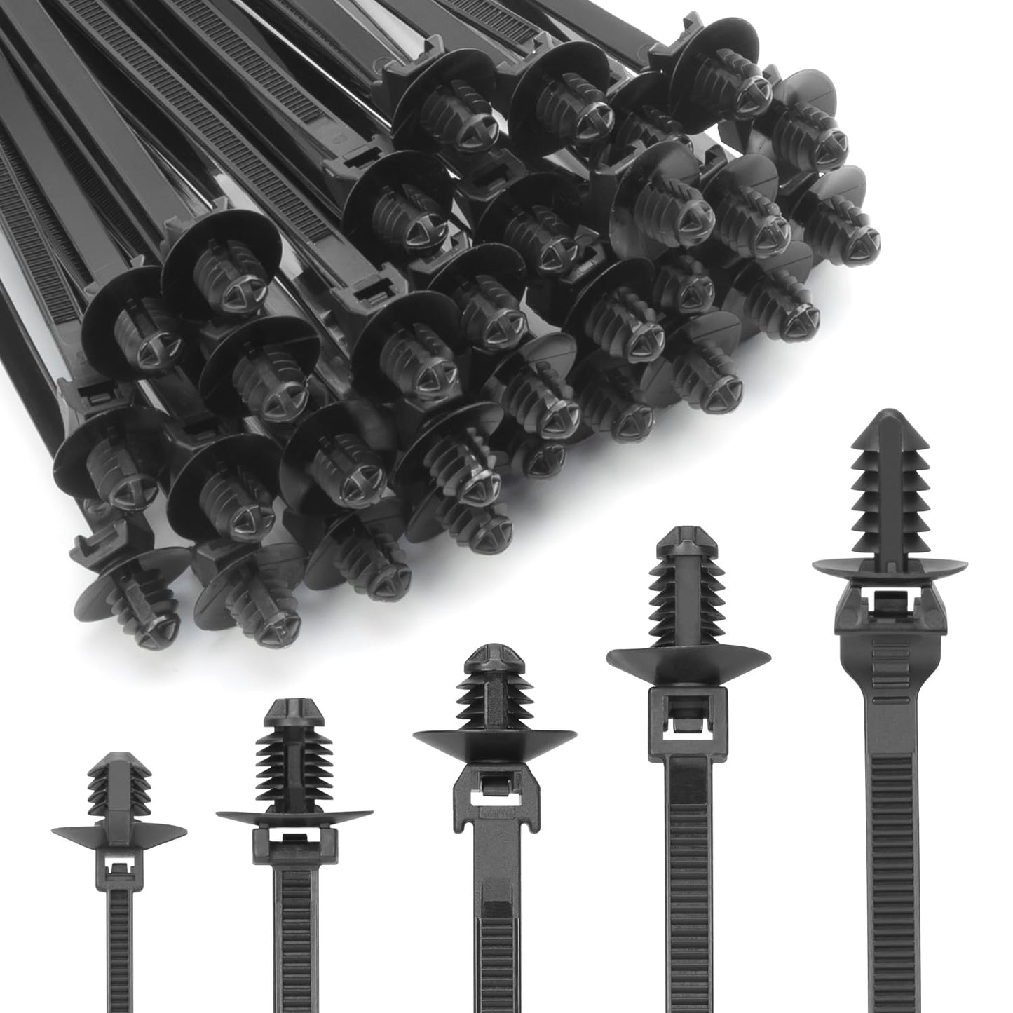 XINGO 150 PCS Push Mount Zip Ties-5 Types, Nylon Car Mount Wire Tie Snap in Cable Zip Ties, Black Push Mount Cable Ties Automotive Zips Tie Fastener Wire Harness Clips for Wire Tying