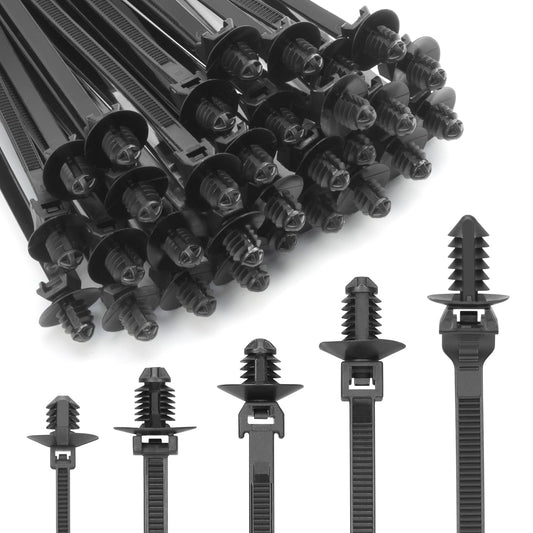 XINGO 150 PCS Push Mount Zip Ties-5 Types, Nylon Car Mount Wire Tie Snap in Cable Zip Ties, Black Push Mount Cable Ties Automotive Zips Tie Fastener Wire Harness Clips for Wire Tying