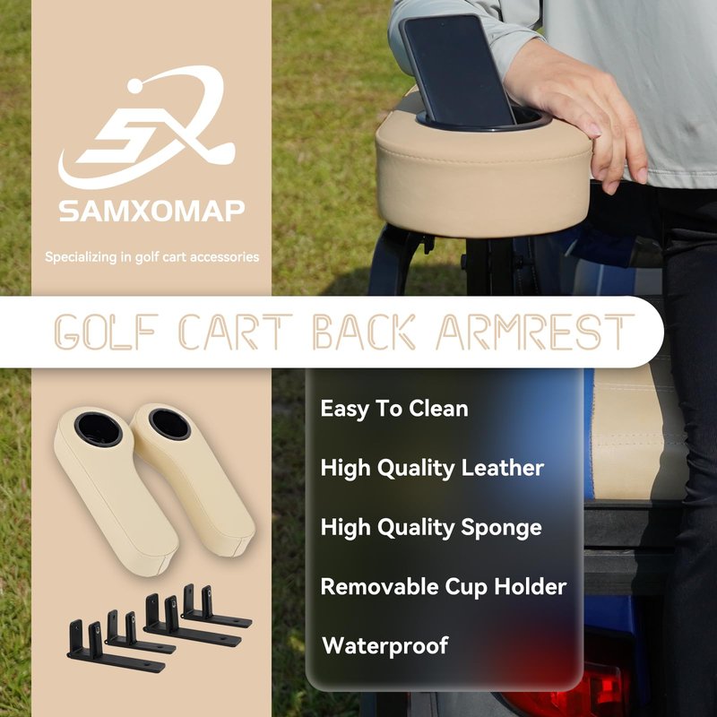 SAMXOMAP Flip Armrest with Cup Holder for Golf Cart Aftermarket Rear Seat Kit 1'' and 0.78'' Square Tube, No Need Drilling Arm Rest for EZGO Club Car Yamaha