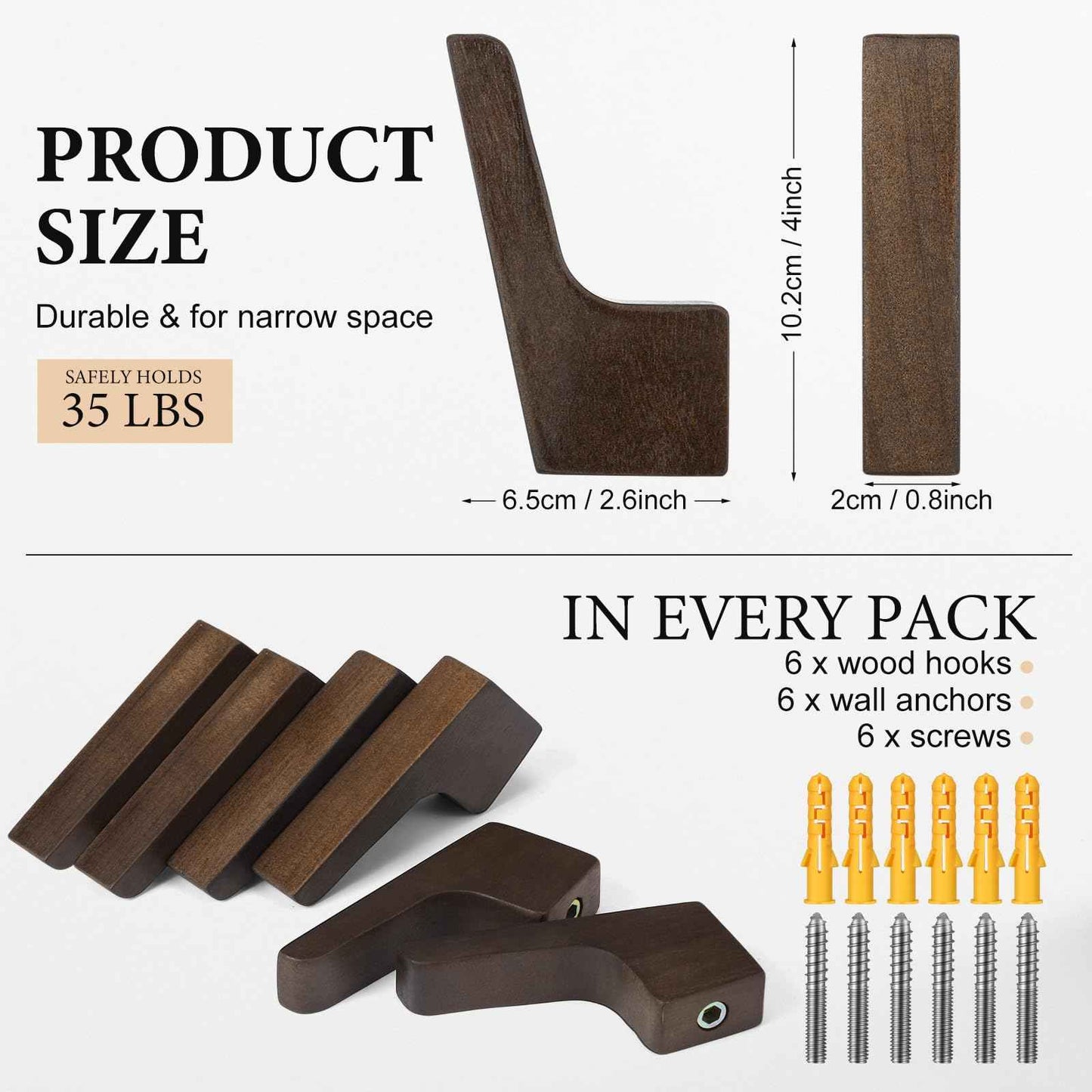 Leinuosen 6 Pack Wood Wall Hooks Walnut Coat Hooks Wall Mounted Bathroom Bedroom Kitchen for Hanging Hat Backpack Bag Jacket Modern Farmhouse Decor for Practical Entryway