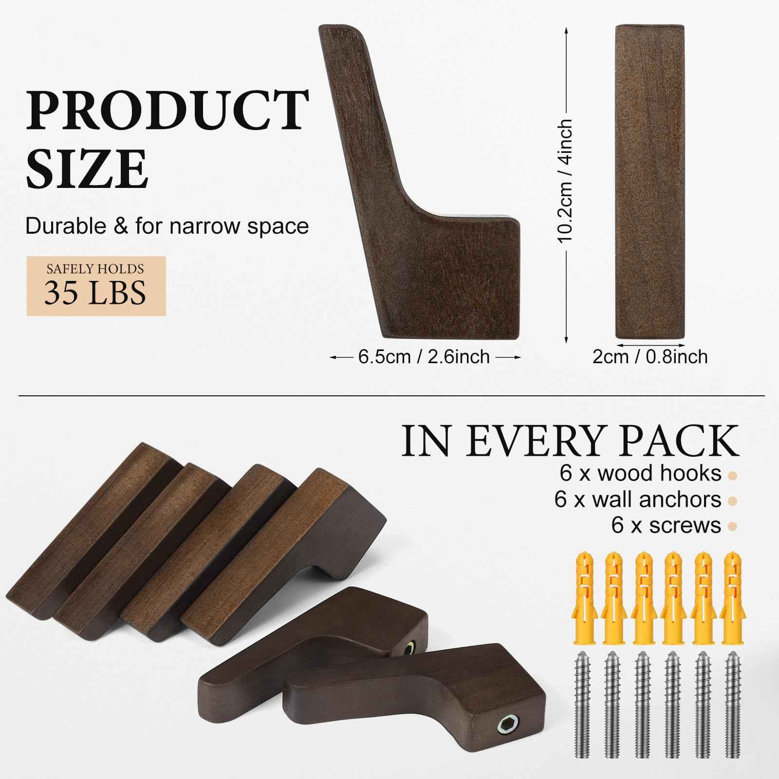 Leinuosen 6 Pack Wood Wall Hooks Walnut Coat Hooks Wall Mounted Bathroom Bedroom Kitchen for Hanging Hat Backpack Bag Jacket Modern Farmhouse Decor for Practical Entryway