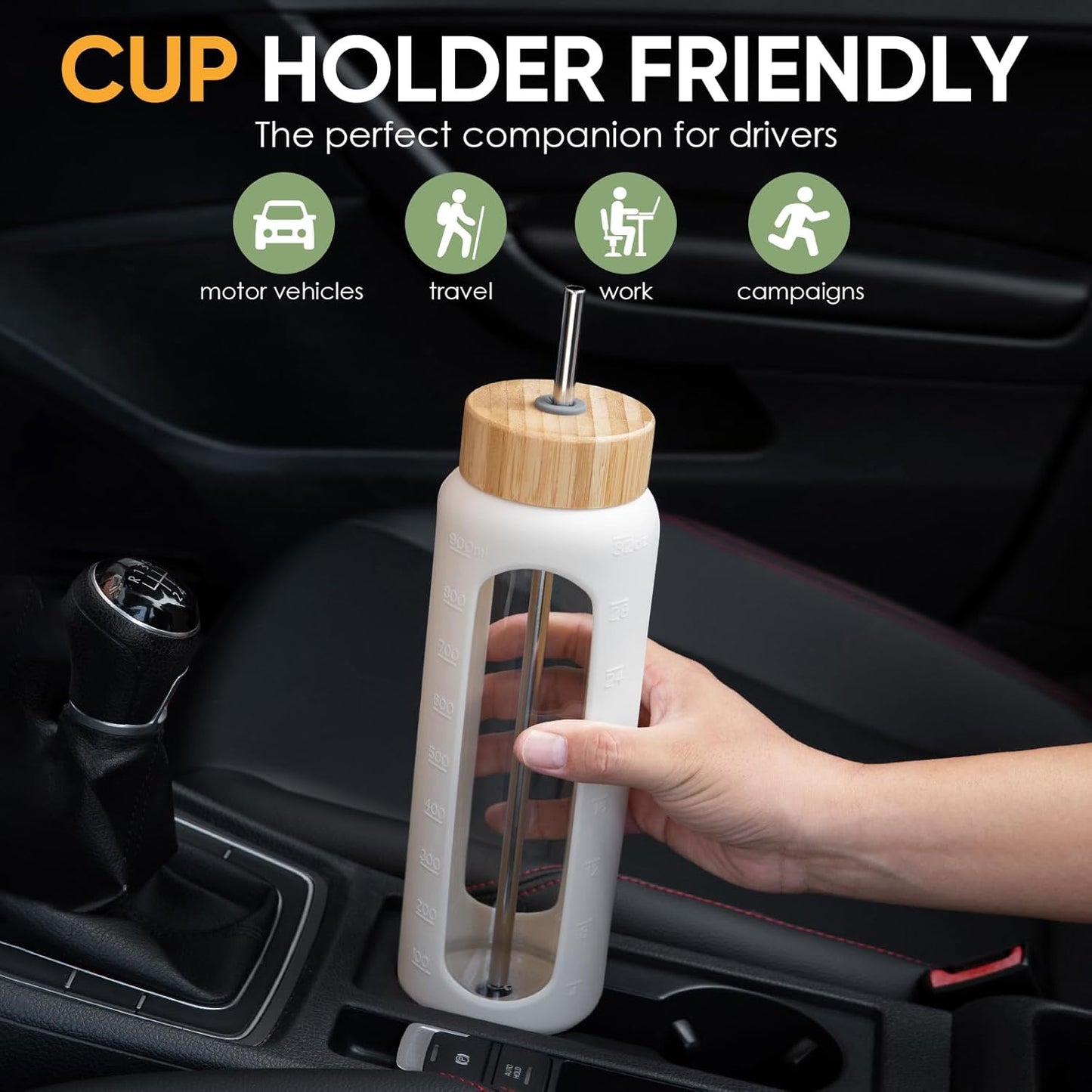 Skiennix 32 oz Glass Water Bottle - Borosilicate Tumbler with Silicone Sleeve & Bamboo Straw Lid | Leakproof, BPA-Free for Gym & Travel