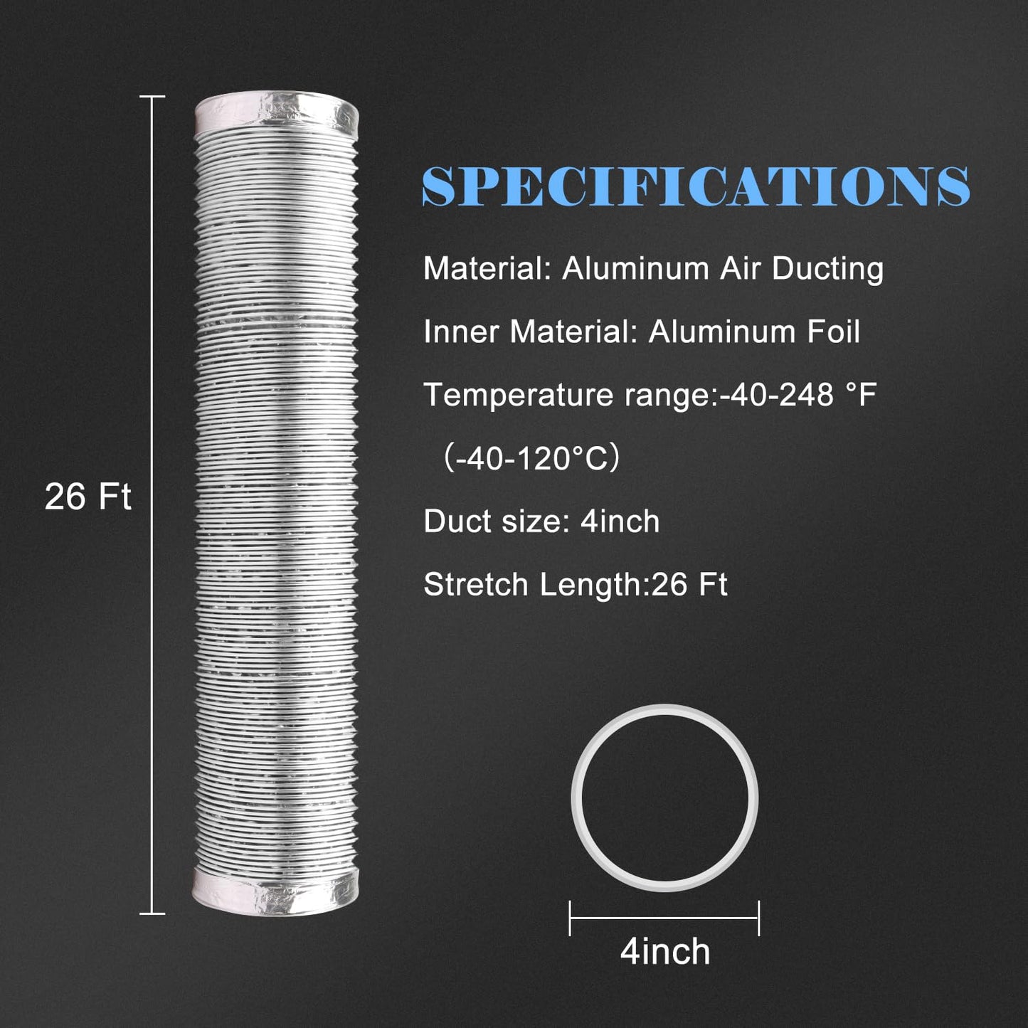 Omont 4 Inch 26FT Dryer Vent Hose, Flexible Insulated Aluminum Duct with 2 Cleaning Brushes for Indoor & Outdoor Use