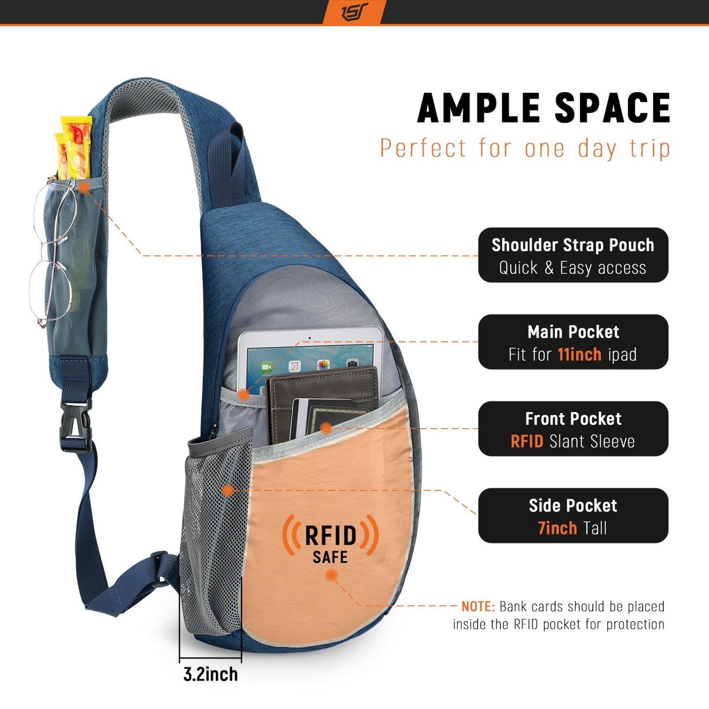 SKYSPER Sling Bag RFID Crossbody Sling Backpack Cross Body Shoulder Travel Bag Hiking Daypack for Women Men(Blue)
