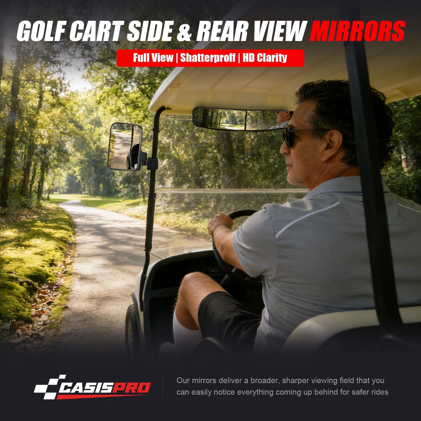 CASISPRO Universal Golf Cart Mirrors, No Drilling HD Shatterproof Glass Mirrors for EZGO Club Car Yamaha, Golf Cart Side Mirror & Rear View Mirror Kit, 180° Rotation, No Blind Spots