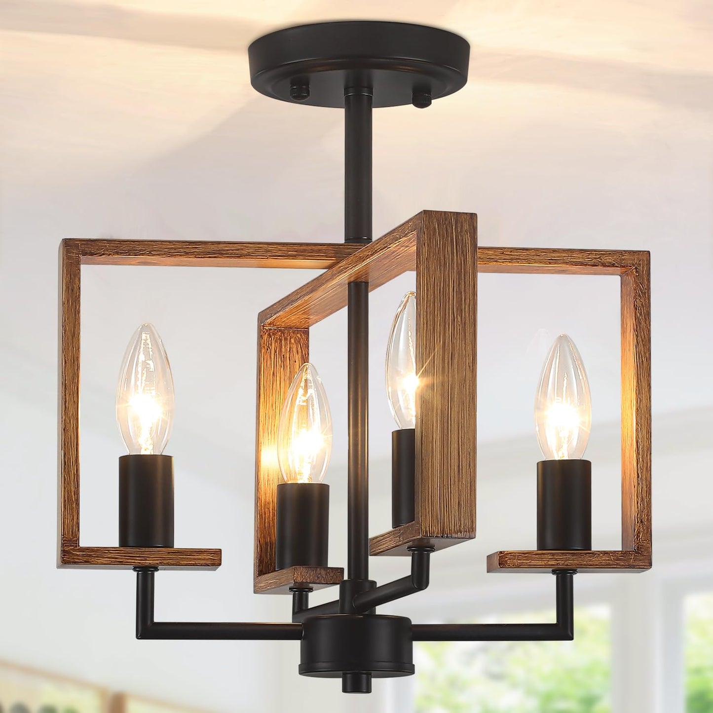 4-Light Semi Flush Ceiling Light, Farmhouse Ceiling Light Fixture Wood Hallway Light Fixture for Kitchen Island Dining Room Entryway Laundry Room Bedroom