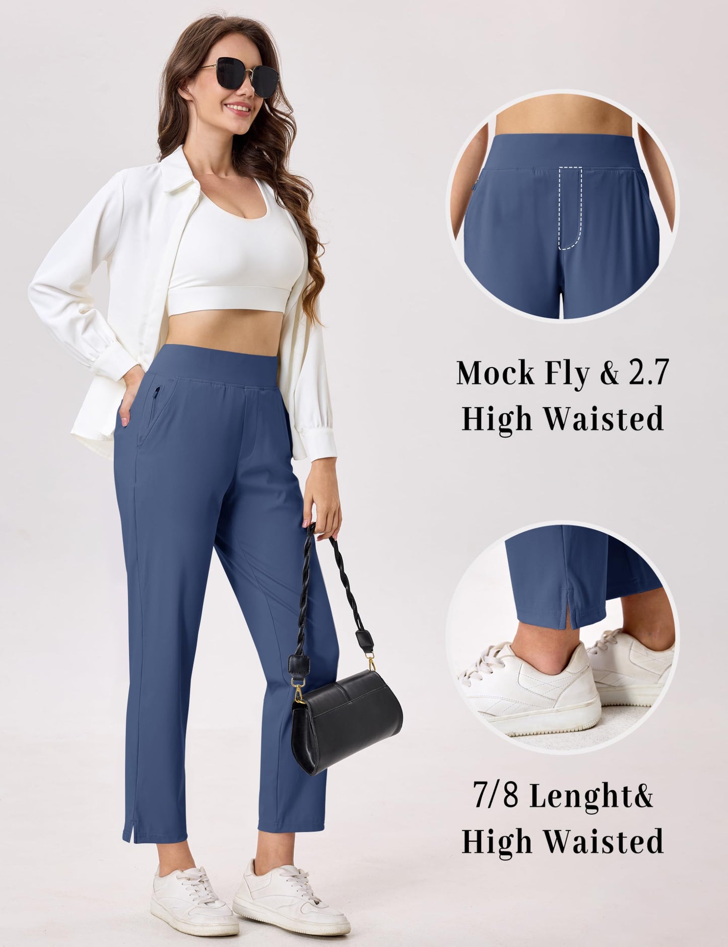MAGCOMSEN Women's Work Pants Stretch Ankle Dress Casual Slack Lightweight High Waisted Golf Capris Summer Pants Blue, L