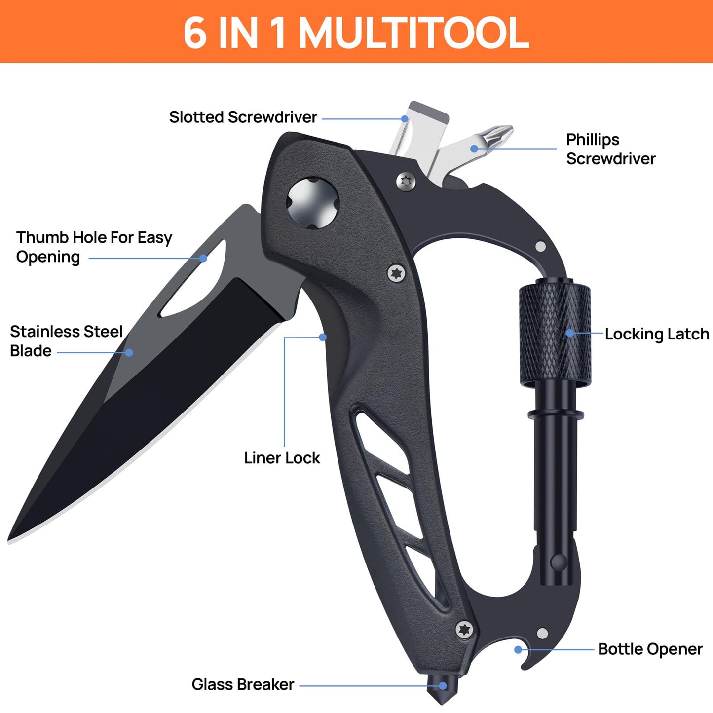 Multitool Carabiner with Pocket Knife, Gift for Men Him Dad Husband, 6-in-1 Multitool with EDC Carabiner Keychain,Bottle Opener,Window Breaker & Screwdriver,Cool Gadgets for Outdoor,Repair (Black)