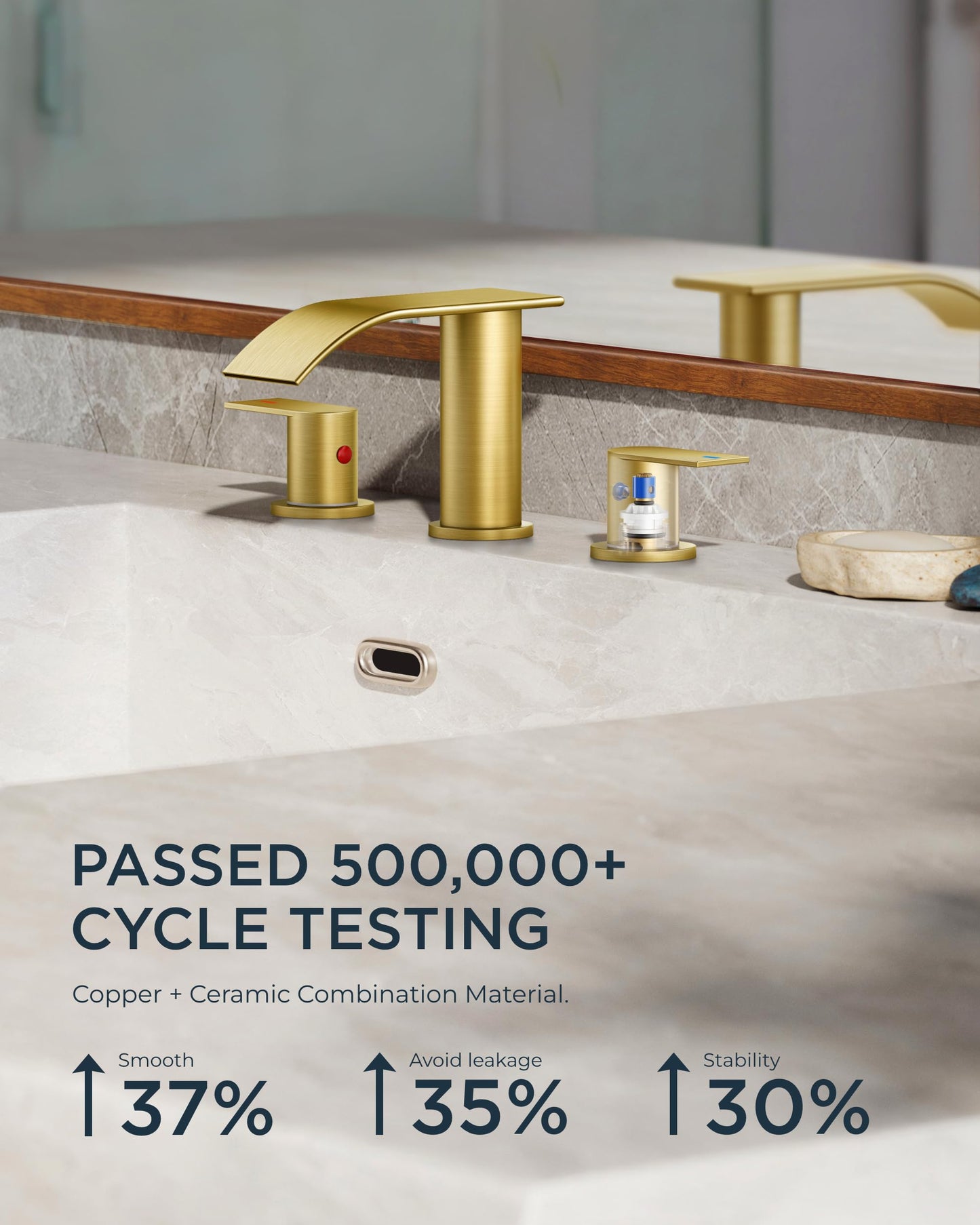 FORIOUS Upgrade Brushed Gold Bathroom Faucets 3 Hole, 8 Inch Widespread Waterfall Bathroom Sink Faucet Two Handle with CUPC Hose and Metal Pop-up Drain for Lavatory, Farmhouse, Rv Remodel