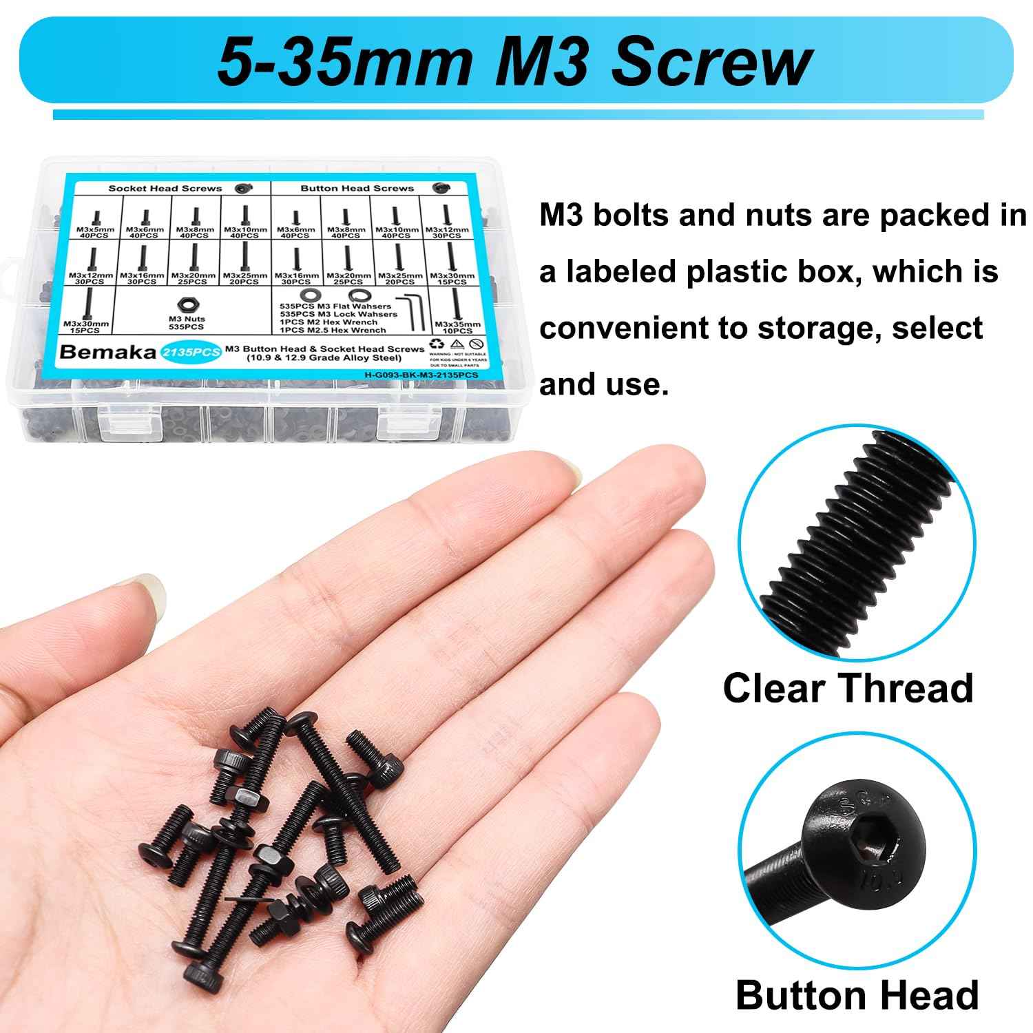 Bemaka 2135PCS Black M3 Metric Screw Assortment Kit, 5-35mm Button Head Screws and Socket Head Screws Bolts Nuts Washers Kit, 10.9 & 12.9 Grade Alloy Steel, M3 Bolts for 3D Printing