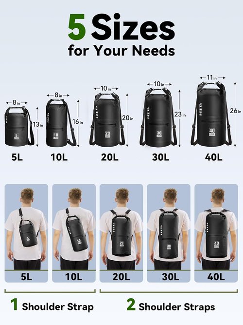HEETA Waterproof Dry Bag - Lightweight Roll Top Storage with Front Zippered Pocket | 5L/10L/20L/30L/40L for Travel, Kayaking & Hiking