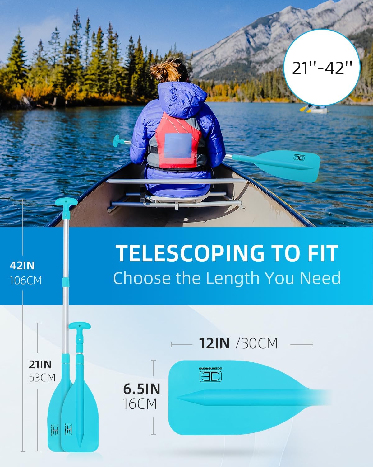 OCEANBROAD Telescoping Emergency Paddle - Adjustable 21'' to 42'' | Lightweight Aluminum for Kayaking & Canoeing