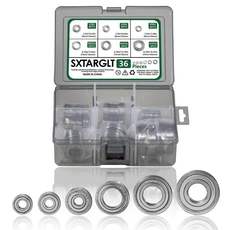 SXTARGLT Ball Bearings Kit, 698ZZ 608ZZ 628ZZ 6903ZZ 6003ZZ 6203ZZ 36 PCS Double Metal Shielded Deep Groove Bearings Kit for Wheel Skateboards Motor 3D Printing, High Carbon Steel Bearings