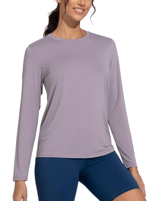 THE GYM PEOPLE Women's Ultra Soft Long Sleeve Workout Shirts Basic Crewneck Athletic Running Tops Grey Purple
