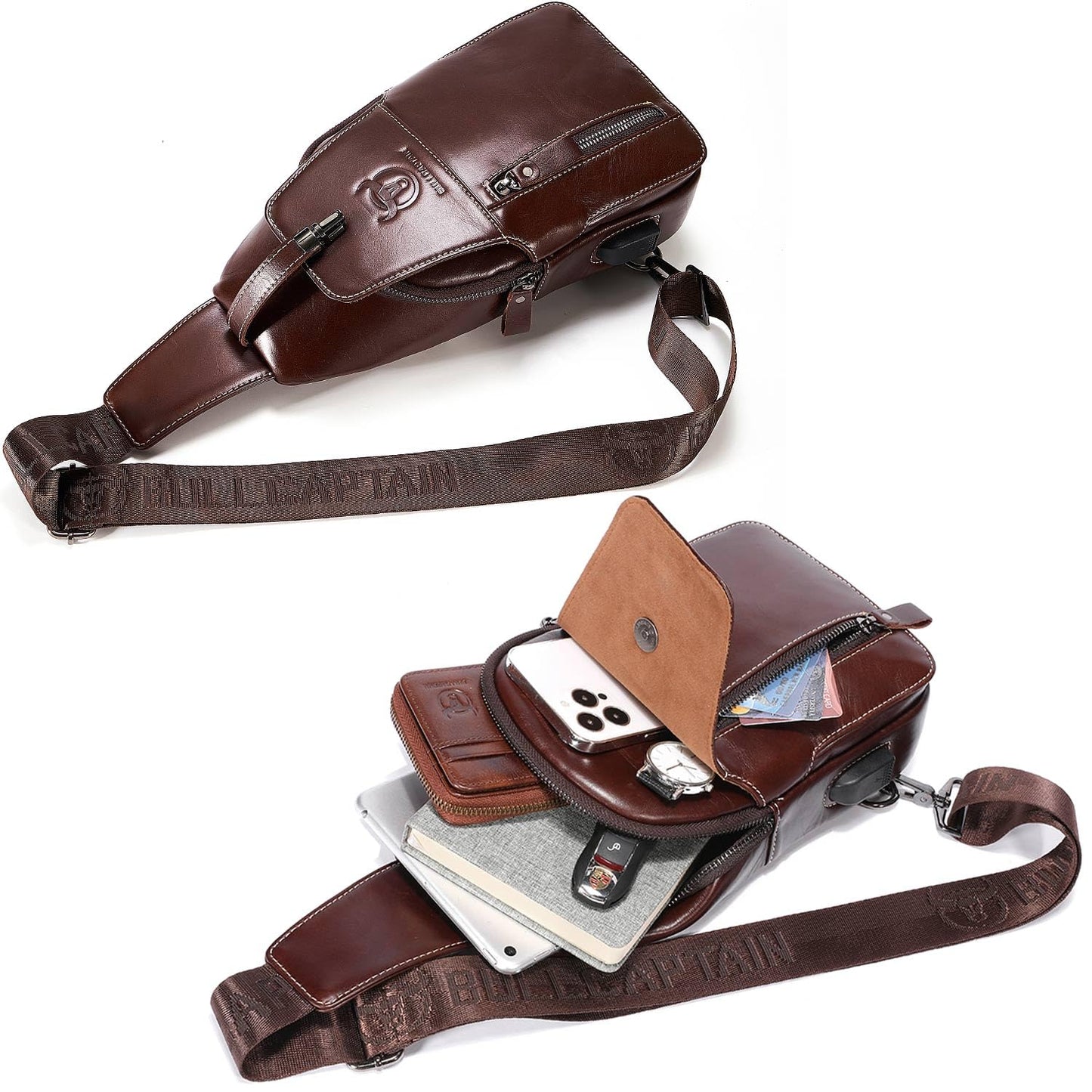 Genuine Leather Sling Bag Mens Crossbody Backpack for Hiking Casual Daypack Shoulder Chest Bag with USB Charging Port (Coffee)