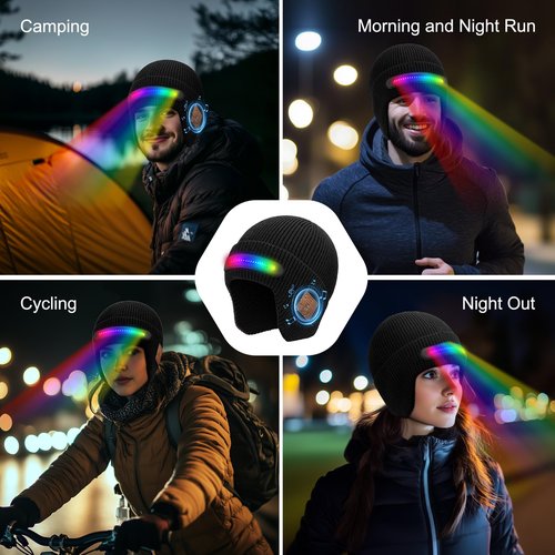 Bluetooth Beanie with Light, Built-in Stereo Speaker Mic and Wide Beam Light, Rechargeable Headlamp hat Music hat, Unique Tech Gifts for Men Him Husband Teen Black