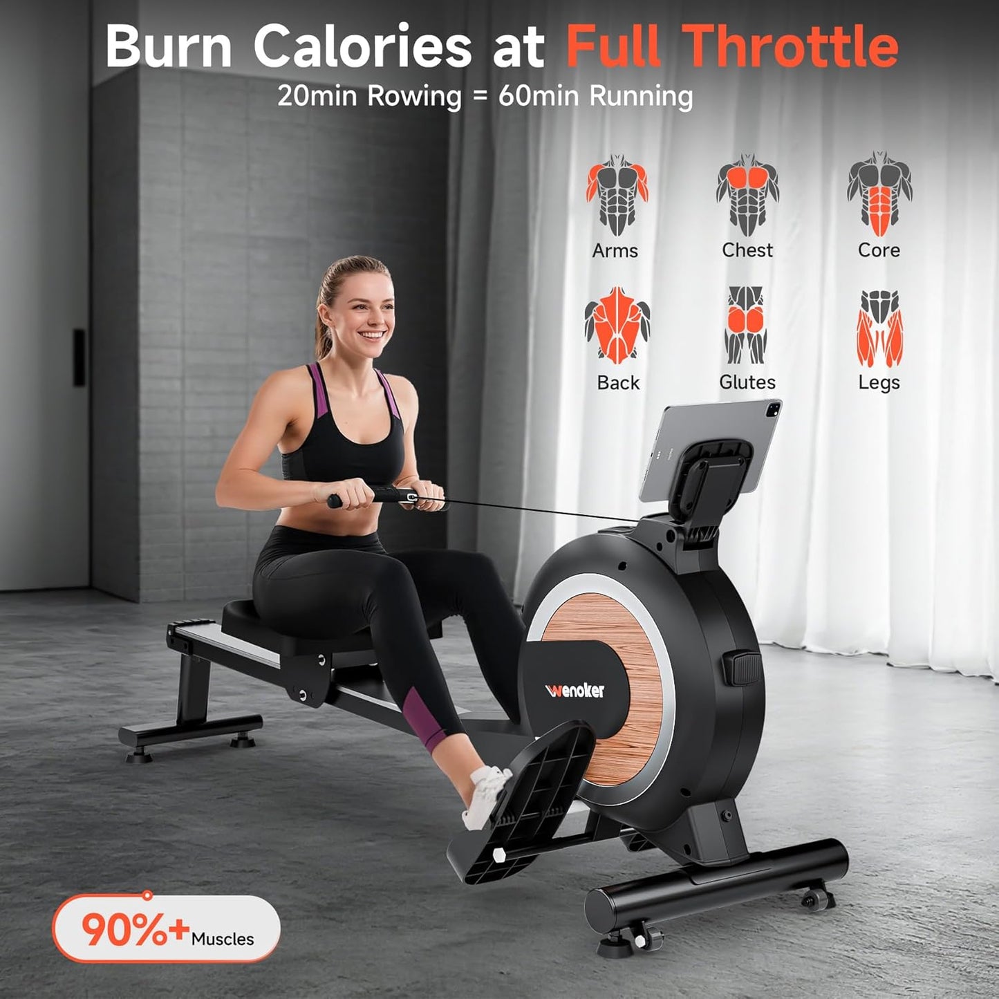 Wenoker Magnetic Rower Machine - App-Supported, 350 LB Capacity, Whisper Quiet with LCD Monitor & Comfortable Seat