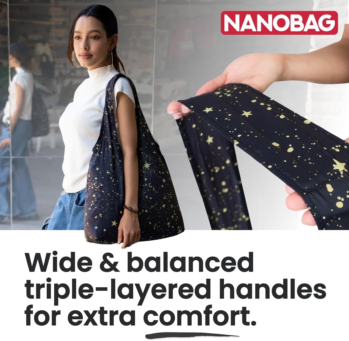 Nanobag Ultralight Tote - Heavy Duty Foldable Reusable Grocery & Travel Bag | XL Compact Black