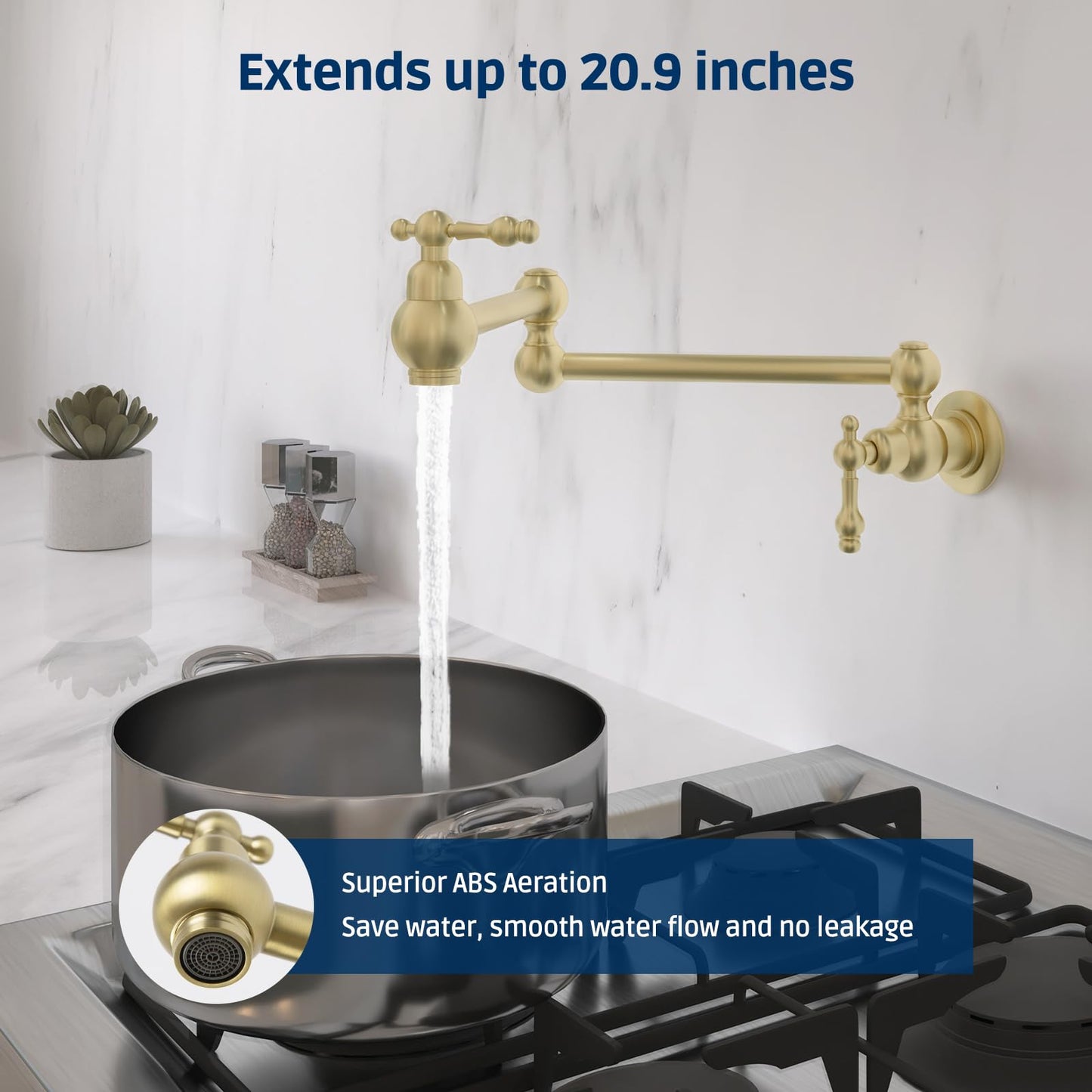 Allkorma 23" Brass Pot Filler Faucet Brushed Gold, Wall Mount Over Stove Water Faucet, Antique 2 Handles Folding Stretchable Pot Filler