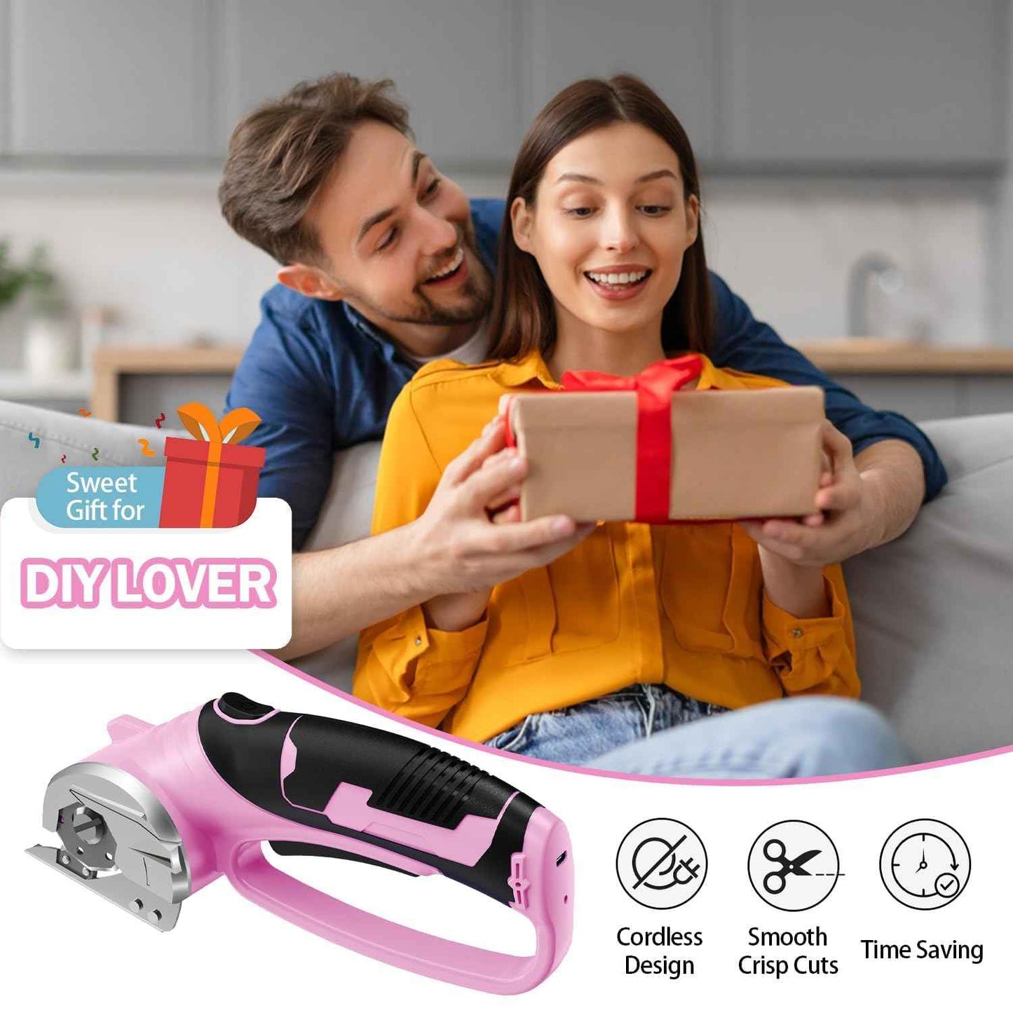 Cordless Electric Scissors, 4V Rechargeable Box Cutter & Cardboard Cutter with Titanium Blade, LED Light, Safety Lock - Rotary Cutter for Fabric, Leather, Carpet, Plastic, Crafting, Sewing (Pink)