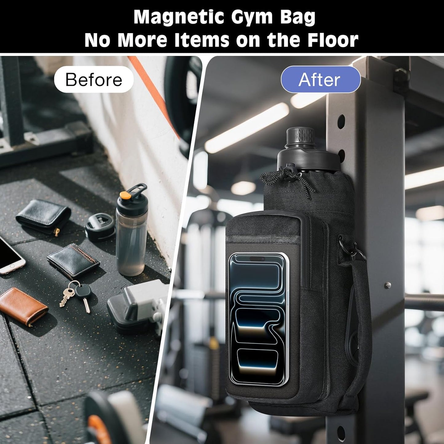 MoKo Magnetic Gym Bag - Water Bottle Holder with Clear Phone Pouch | 4 Built-in Magnets, Black