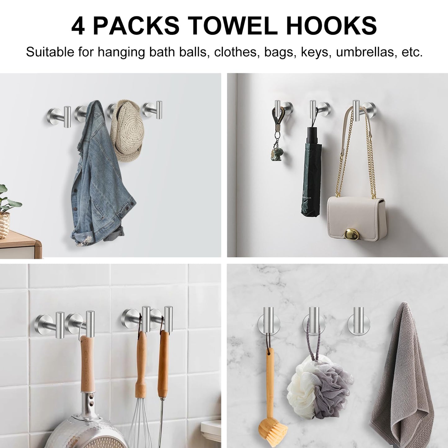 SetSail Towel Hooks for Bathrooms Screw-in 4 Packs Brushed Nickel Bathroom Towel Hook Wall Mounted Stainless Steel Shower Towel Hooks for Coat Hanging, Drill Hole