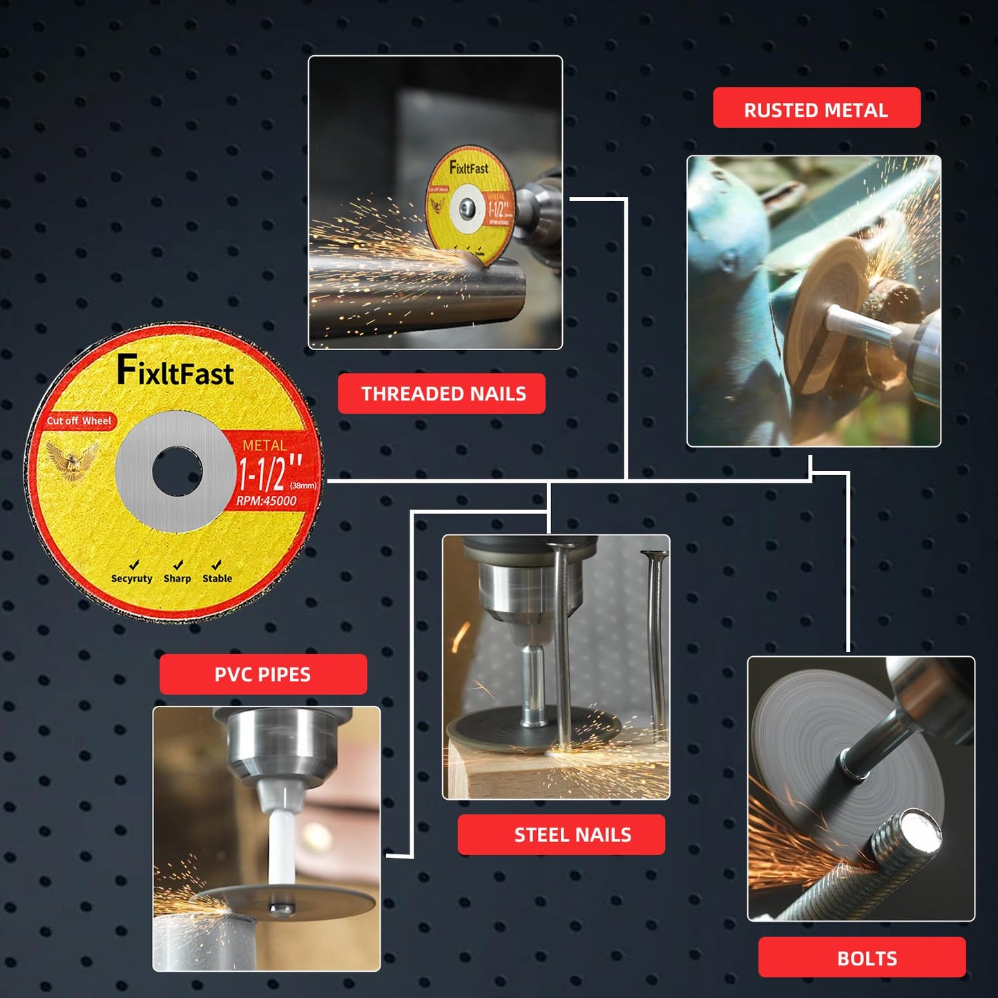 FIXLTFAST 1-1/2 Cut Off Wheels,1.5" x 1/8" Fiberglass Metal Cutting disc for Rotary Tool Accessories Include Mandrels- 11 Pack