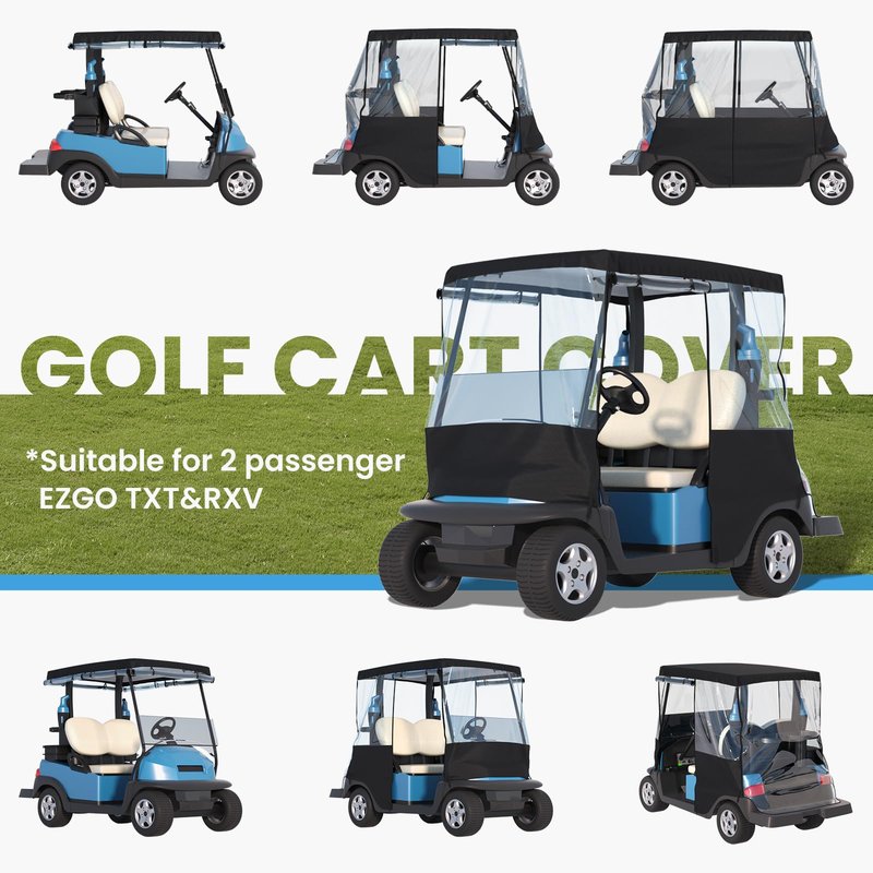 Santiano Golf Cart Cover 2 Passenger - 900D Waterproof Driving Enclosure with 0.5mm Clear PVC, Windproof Rain Protection for EZGO TXT/RXV & Club Car Precedent (Fits Roof up to 58")