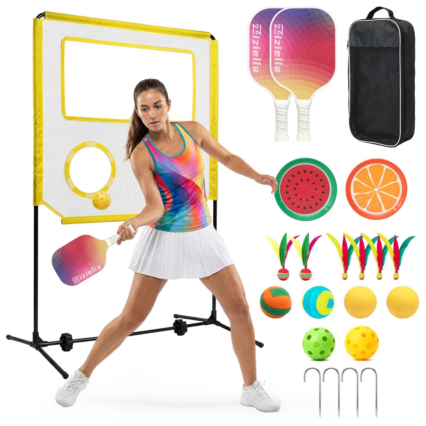 Ziziella Indoor Paddle Game with Net, Portable Pickleball Set with Net for Family or Solo Fun, All in One Outdoor Sports - Badminton, Pingpong, Tennis for Lawn, Backyard, Camping, Beach