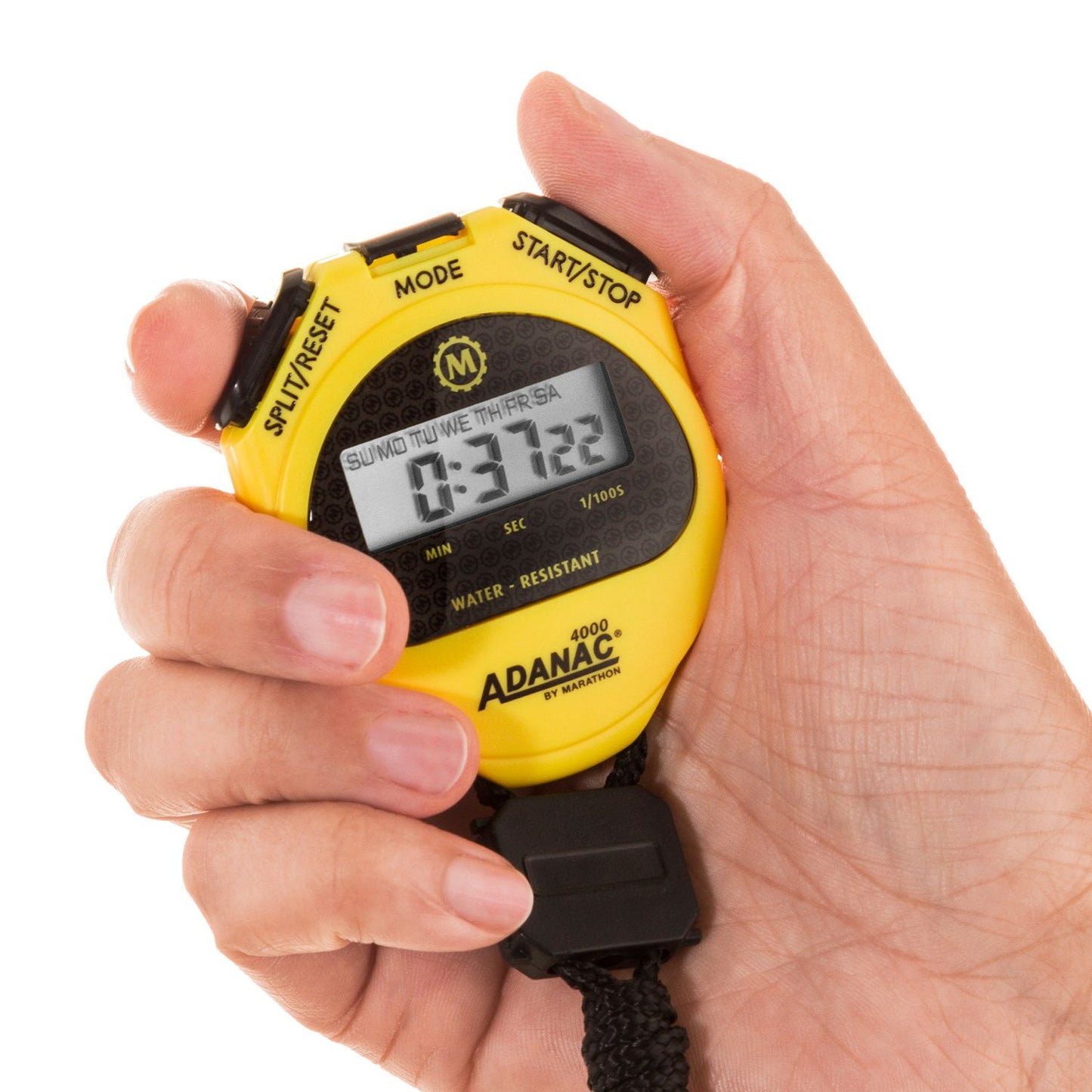 Marathon Adanac 4000 Digital Stopwatch Timer, Yellow - High Precision Accuracy to 1/100th Seconds - Water, Dust & Shock Resistant - 46” Lanyard Included